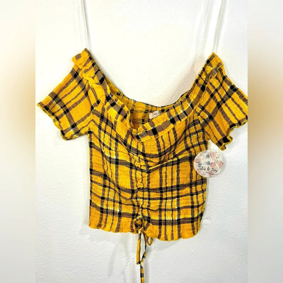 🆕 Jolie & Joy Yellow Plaid Off the Shoulder Path - Picture 1 of 9
